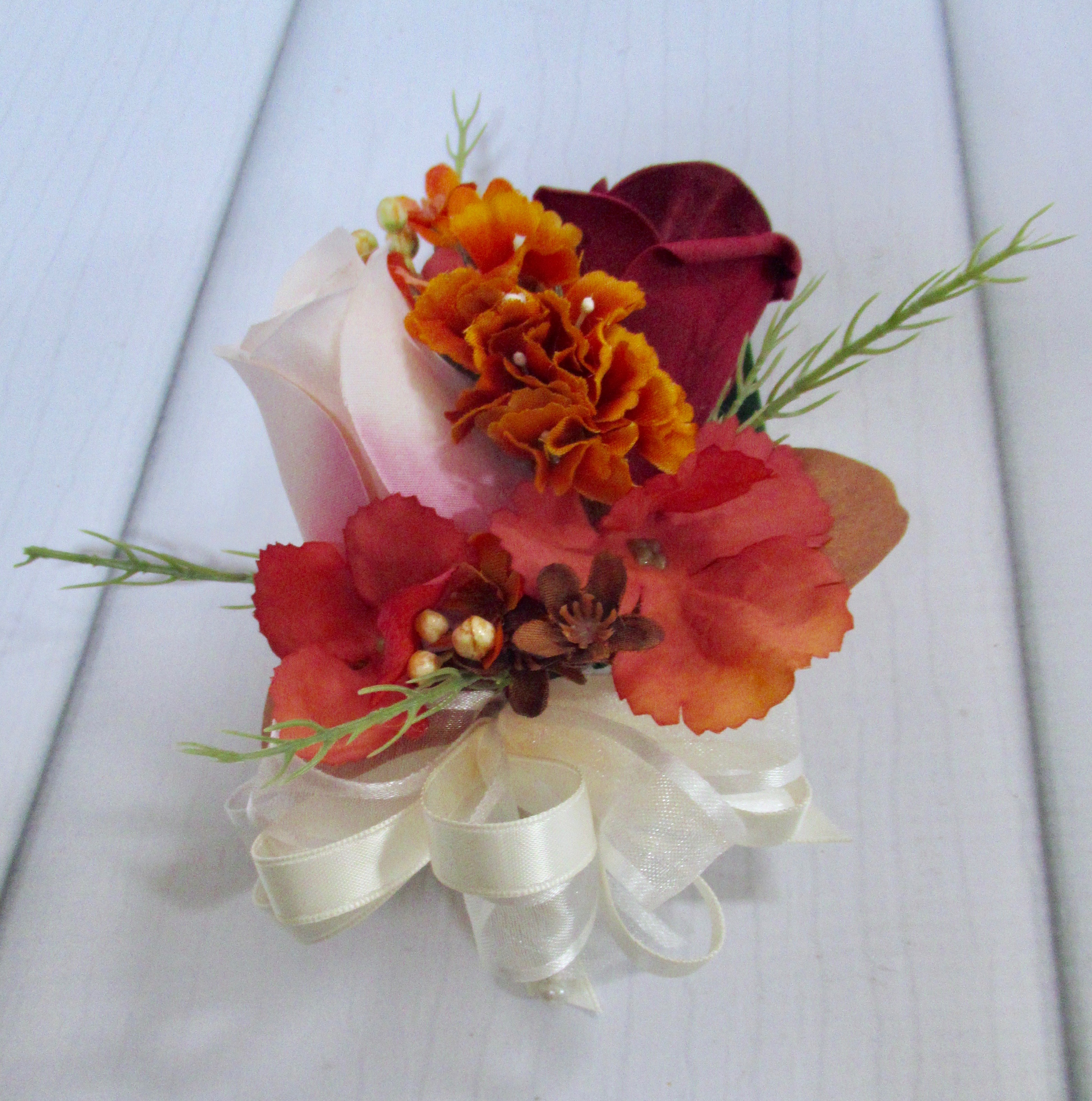 Burnt Orange, Burgundy & Nude/Blush Pin On Corsage
